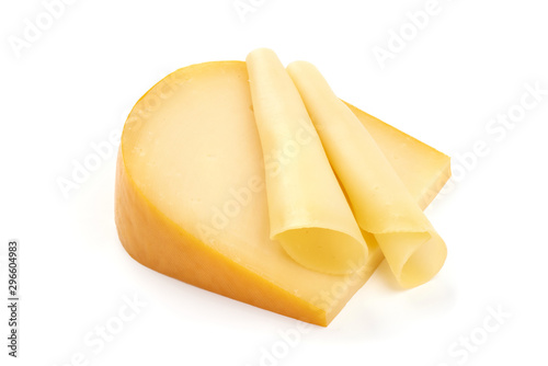 Traditional Dutch Gouda cheese, isolated on white background