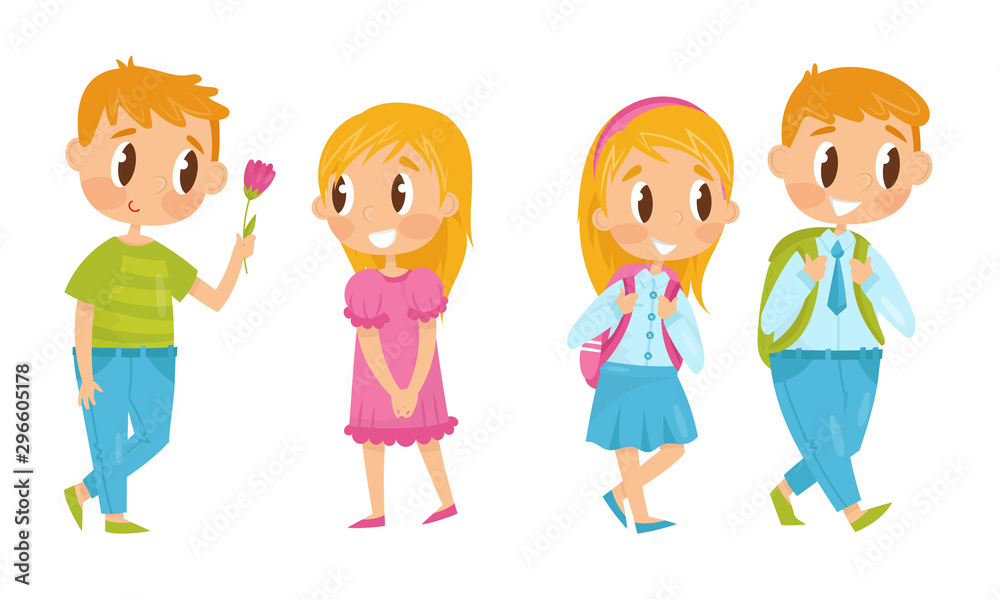 Boy And Girl Character Spending Time Together Vector Illustrations Set. Boy And Girl Character Spending Time Together Vector Illustrations Set.