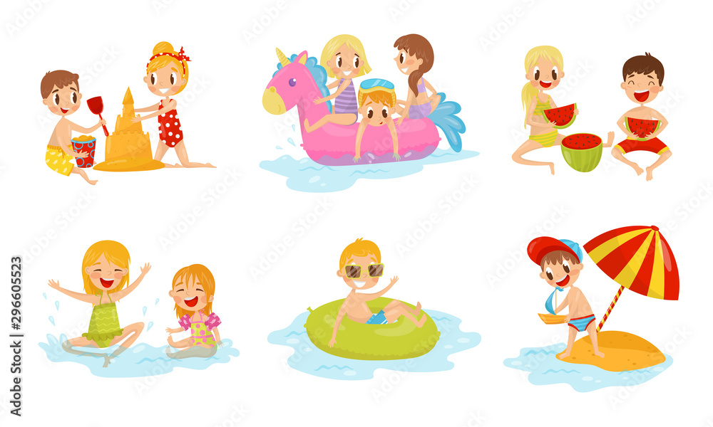 Children Having Vacation At Sea. Kids Characters Enjoying Summer Vector Illustrations Set Children Having Vacation At Sea. Kids Characters Enjoying Summer Vector Illustrations Set