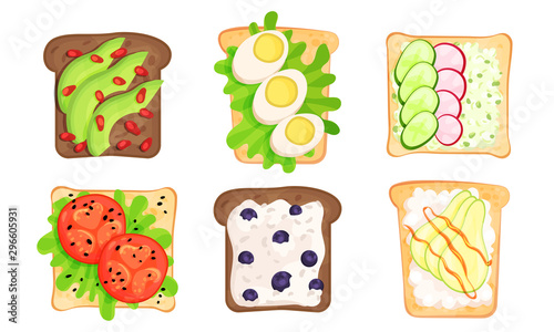 Write And Brown Bread Toasts With Different Toppings Vector Illustrated Set