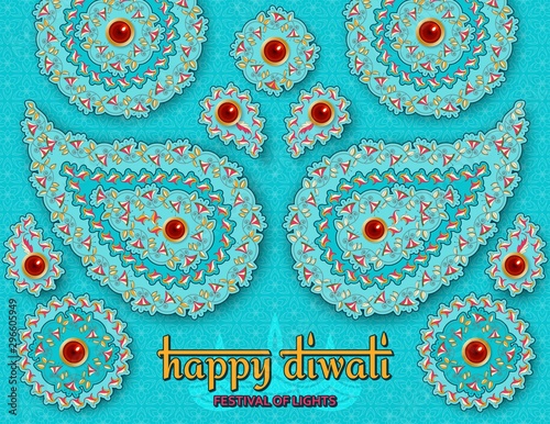 Happy Diwali turquoise template with floral paisley and mandala. Flower and leaves patterns. Festival of lights. Greeting card with diya