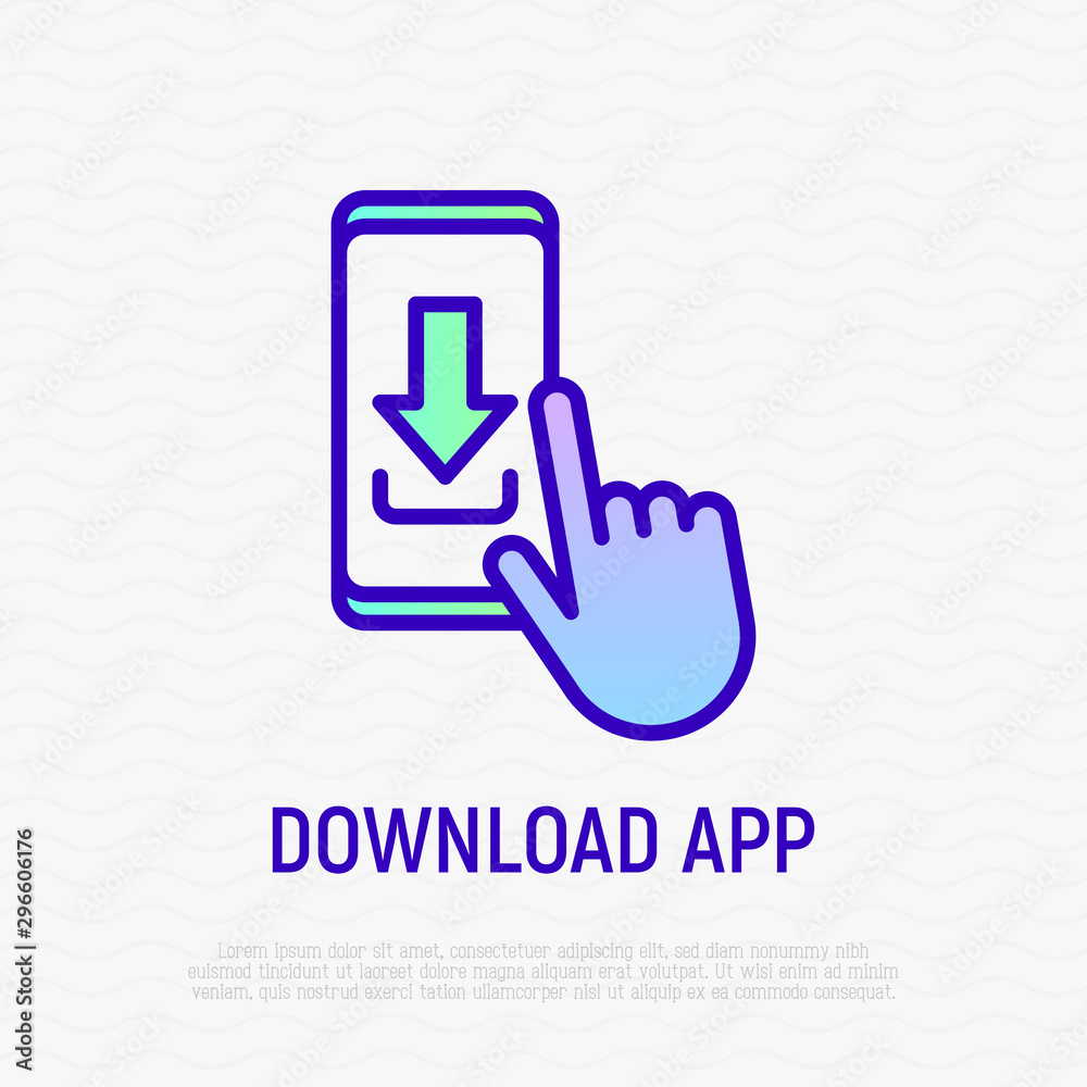 Download mobile app thin line icon. Push button with arrow on smartphone by finger. Modern vector illustration.