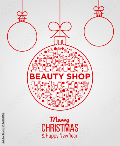 Concept with beauty products in Christmas ball with thin line icons: skin care, cream, gel, organic cosmetics, make up, soap dispenser, nail care, beauty box, sheet mask. Modern vector illustration.