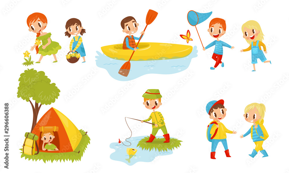 Kid Characters Resting. Having Picnic Small Children Vector Illustrations Kid Characters Resting. Having Picnic Small Children Vector Illustrations