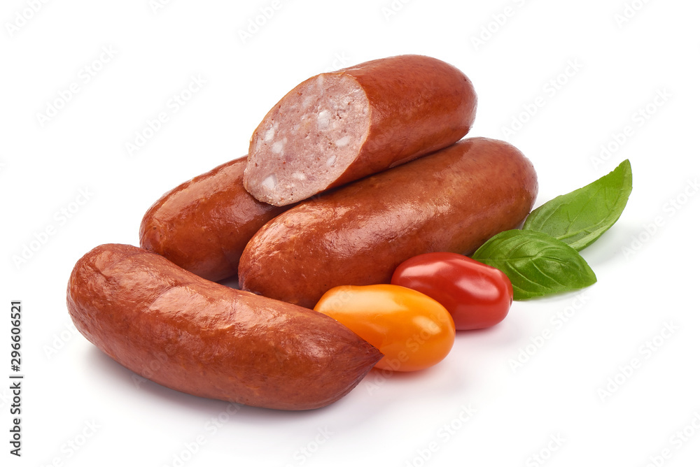 Smoked pork sausages, oktoberfest, isolated on white background Smoked pork sausages, oktoberfest, isolated on white background