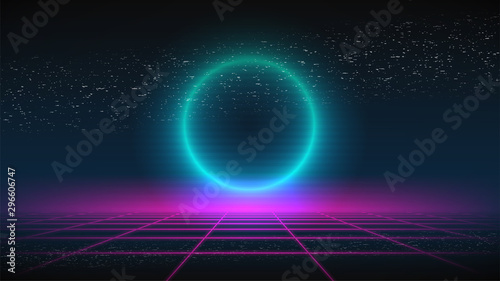 Synthwave background. Dark Retro Futuristic backdrop with pink perspective grid and glowing blue circle. TV glitch. Abstract Retrowave template. 80s Vaporwave style. Stock vector illustration