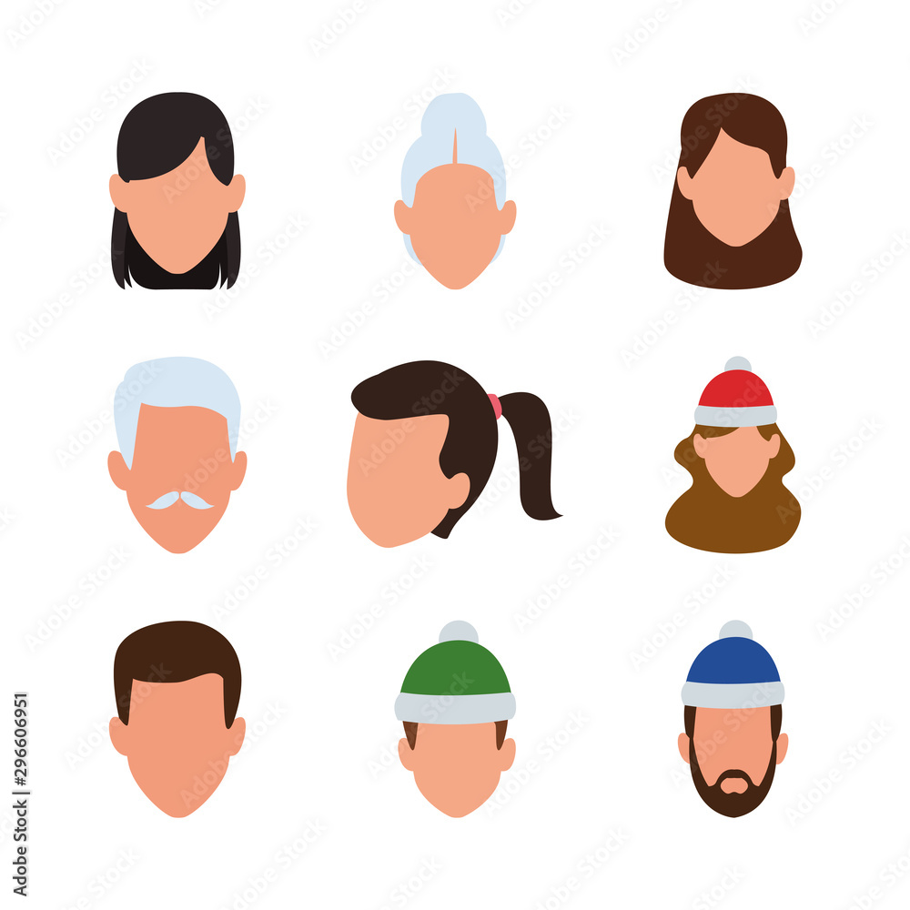 set of people avatar faces with christmas hat