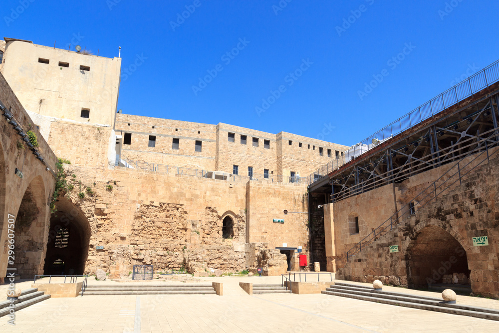 Citadel of Acre crusader fortress inner courtyard in Akko Old City, Israel
