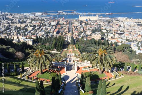 Panorama view towards the Shrine of the Bab from upper Terraces of Bahai gardens in Haifa, Israel