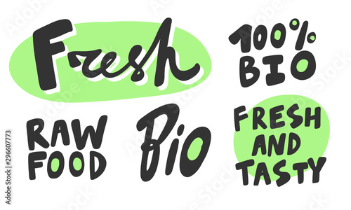 Green eco eat vegan organic bio sticker collection for social media content. Vector hand drawn illustration design. 