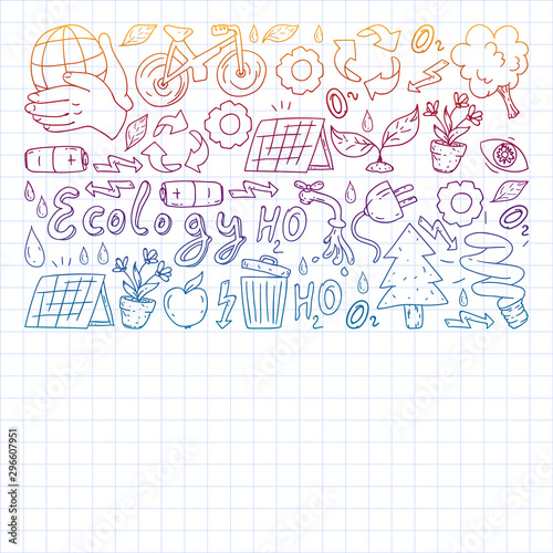 Vector pattern with kindergarten, toy children. Happy children illustration. Gradient drawing on a notebook in a Squared notebook.