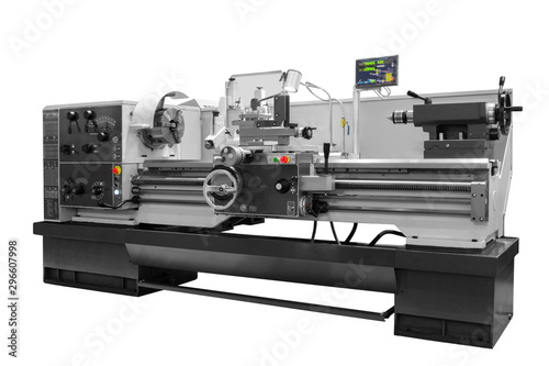 Manufacturing professional lathe machine . Industrial concept. Programmable modern digital lathe with digital program control, turret type blade holder photo