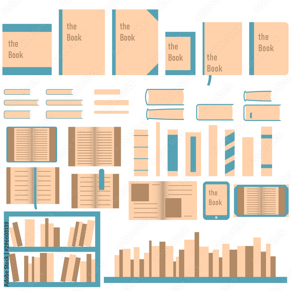 Set of vector icons of books in different formats, types and shapes