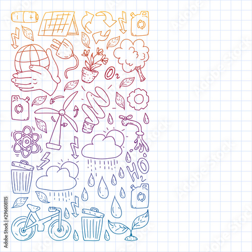 Vector pattern with kindergarten, toy children. Happy children illustration. Gradient drawing on a notebook in a Squared notebook.