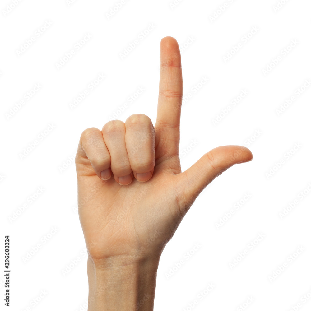 Finger spelling letter L in American Sign Language on white background Finger spelling letter L in American Sign Language on white background