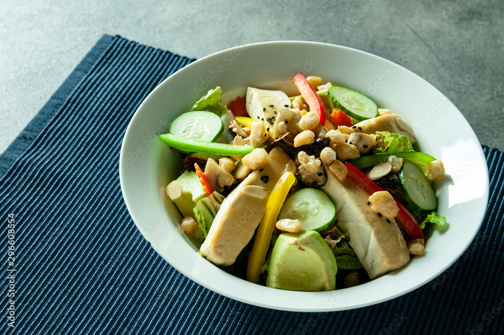 Tofu salad with Cucumbers, Tomatoes, Avocado soy and sesame dressing Tofu salad with Cucumbers, Tomatoes, Avocado soy and sesame dressing