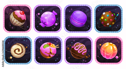 App icons with yummy sweet planets into the colorful frames.