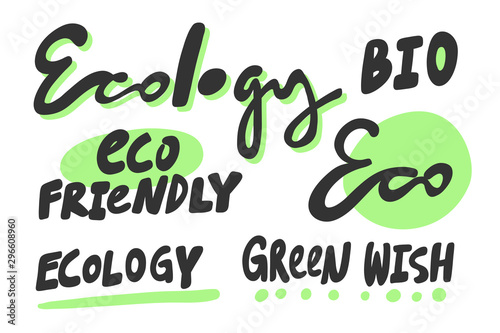 Green eco eat vegan organic bio sticker collection for social media content. Vector hand drawn illustration design. 