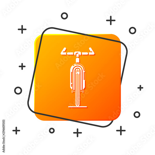 White Bicycle icon isolated on white background. Bike race. Extreme sport. Sport equipment. Orange square button. Vector Illustration