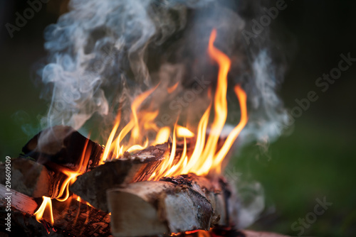 Burning campfire, flames and smoke