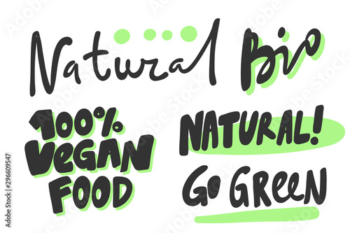 Green eco eat vegan organic bio sticker collection for social media content. Vector hand drawn illustration design. 