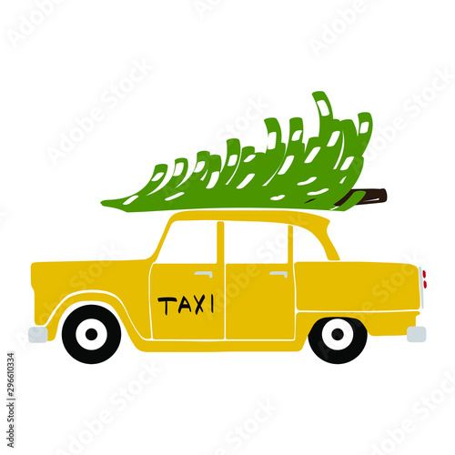 Yellow taxi cab with christmas tree on the roof. Isolated on a white background.