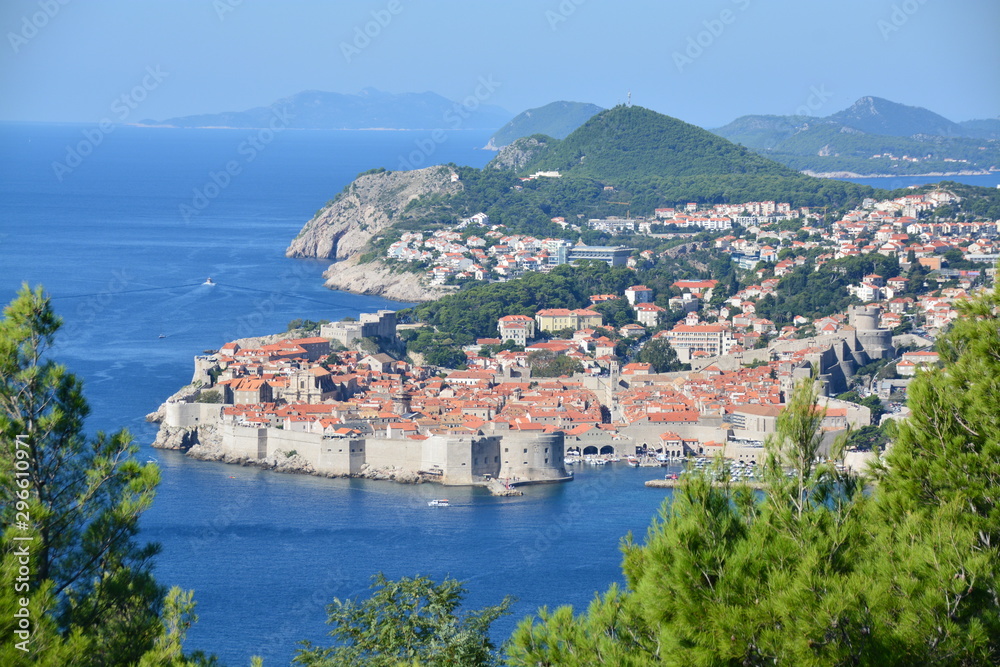 An top view of Dubrovnik old town with greenery