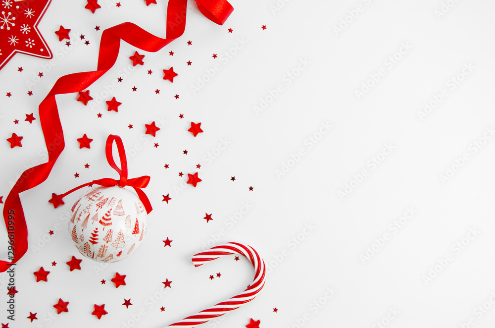 Top view Christmas (xmas) frame or New year mockup with copy space in red and white colors. Holiday banner concept
