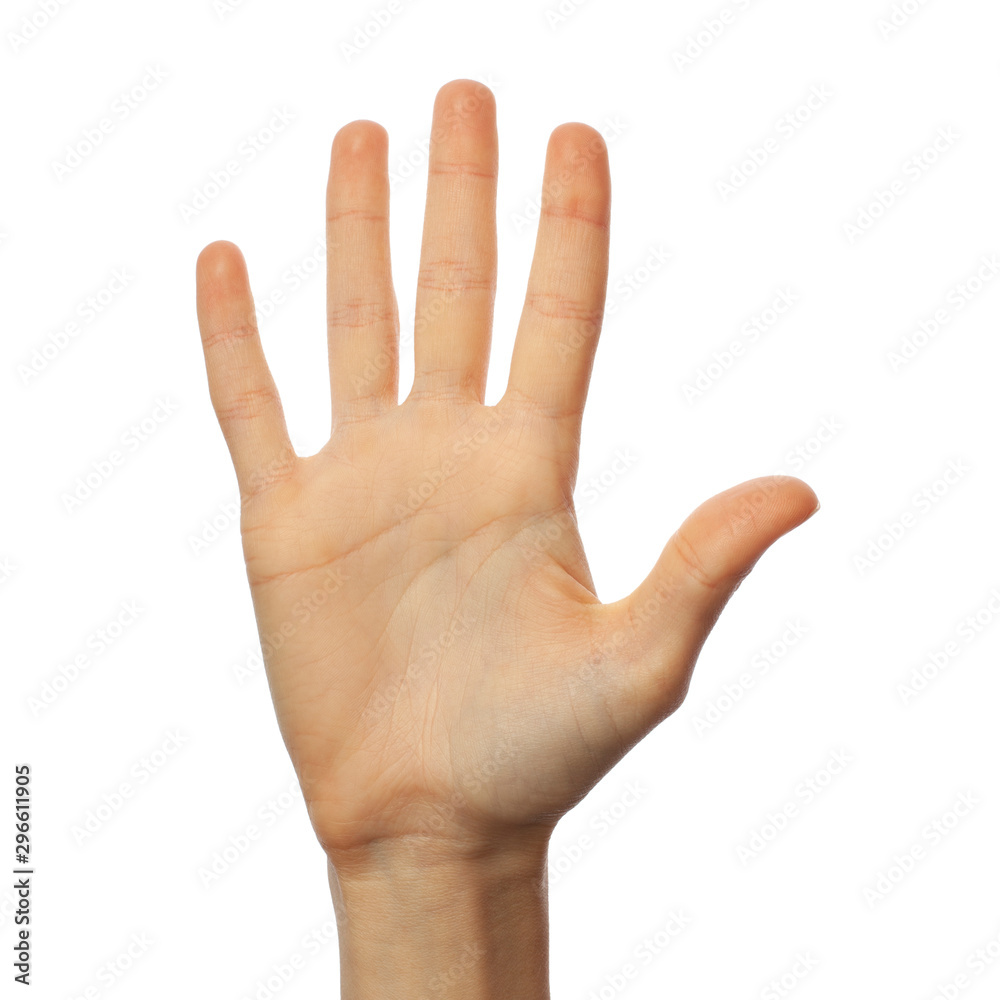 Finger spelling number 5 in American Sign Language on white background Finger spelling number 5 in American Sign Language on white background