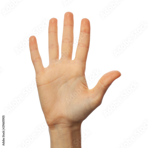 Finger spelling number 5 in American Sign Language on white background