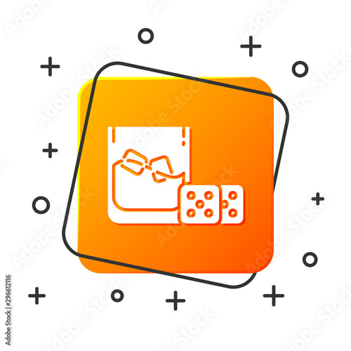 White Game dice and glass of whiskey with ice cubes icon isolated on white background. Casino gambling. Orange square button. Vector Illustration
