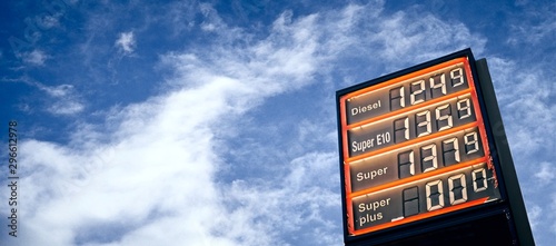 Gasoline price dispay benath a dramatic sky.