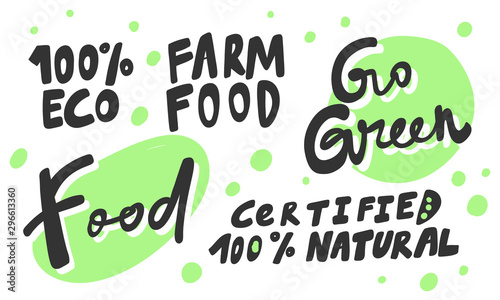 Green eco eat vegan organic bio sticker collection for social media content. Vector hand drawn illustration design. 