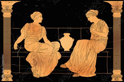 Two ancient Greek women sit on a stone parapet with a jug and communicate. Vector image on black background.