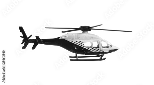 Modern toy military helicopter on white background