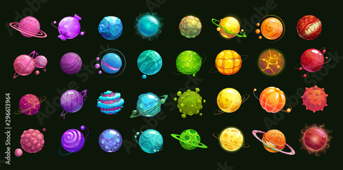 Mega huge pack of fantasy cartoon colorful planets. photo