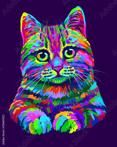 Cat. Hand-drawn, abstract, multicolored portrait of a cat looking forward on a purple background in the style of pop art.