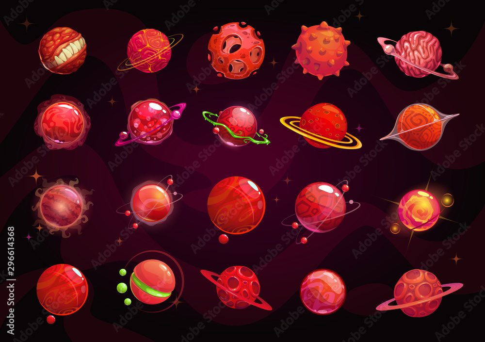 Cartoon red planets set. Funny fantasy planet on cosmic background. - obrazy, fototapety, plakaty 