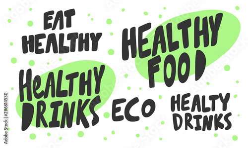 Green eco eat vegan organic bio sticker collection for social media content. Vector hand drawn illustration design. 