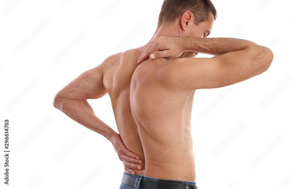 Chiropractic concept. Man suffering from back and neck pain. Sport exercising injury