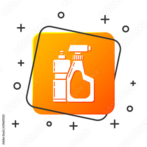 White Plastic bottles for liquid laundry detergent, bleach, dishwashing liquid or another cleaning agent icon isolated on white background. Orange square button. Vector Illustration