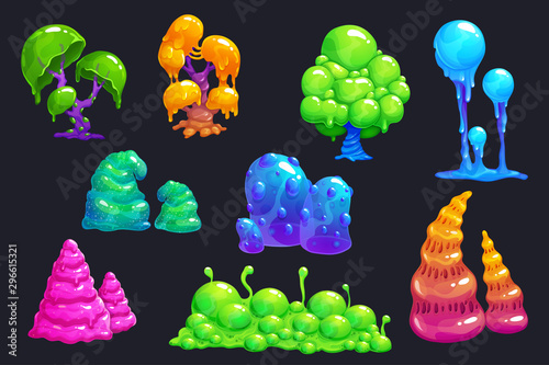 Fantasy slime plants. Alien slimy mushrooms set.