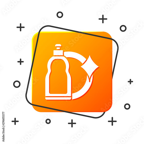 White Plastic bottle for liquid laundry detergent, bleach, dishwashing liquid or another cleaning agent icon isolated on white background. Orange square button. Vector Illustration