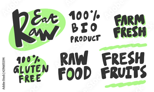 Green eco eat vegan organic bio sticker collection for social media content. Vector hand drawn illustration design. 
