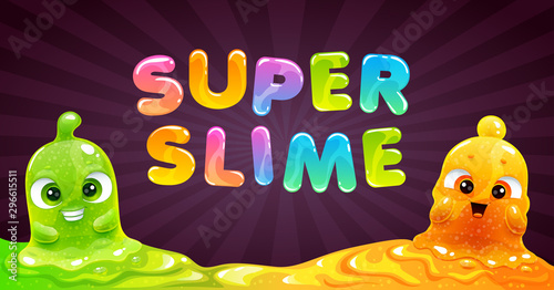 Super slime banner. Vector background with funny slimy characters.
