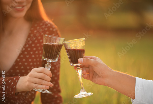 Happy young couple clinking wineglasses in park, closeup. Picnic season