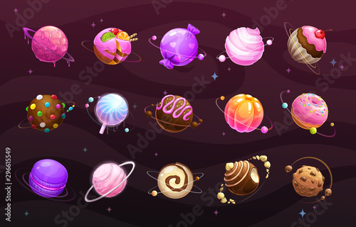 Sweet world concept. Food planets on space background.