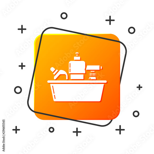 White Plastic bottles for liquid laundry detergent, bleach, dishwashing liquid or another cleaning agent icon isolated on white background. Orange square button. Vector Illustration