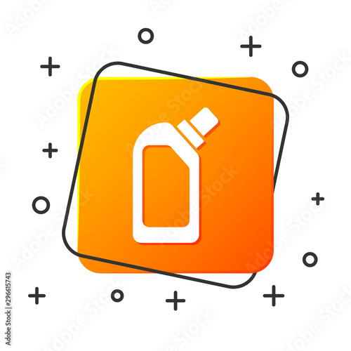 White Plastic bottle for liquid laundry detergent, bleach, dishwashing liquid or another cleaning agent icon isolated on white background. Orange square button. Vector Illustration