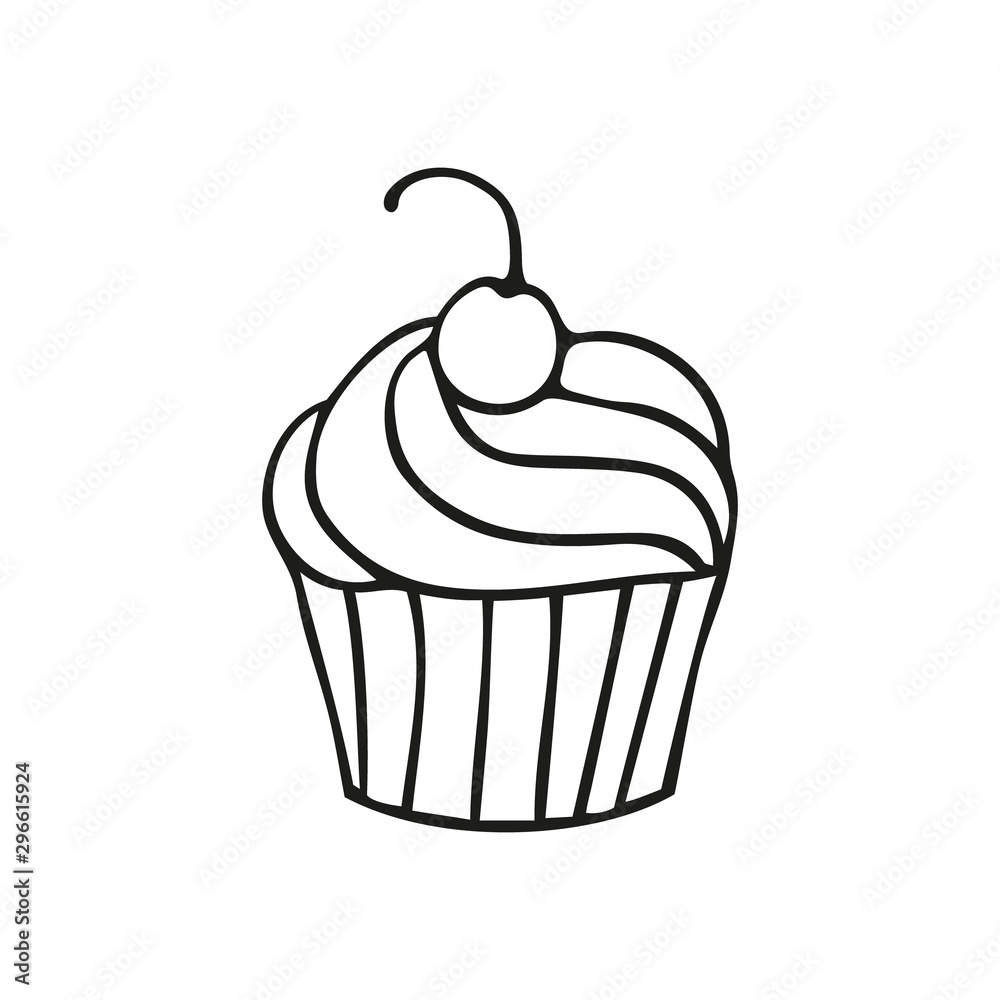 Single hand-drawn cupcake with cherry. In doodle style, black outline isolated on a white background. For banners, cards, stickers, coloring books, design, business. Vector illustration Single hand-drawn cupcake with cherry. In doodle style, black outline isolated on a white background. For banners, cards, stickers, coloring books, design, business. Vector illustration